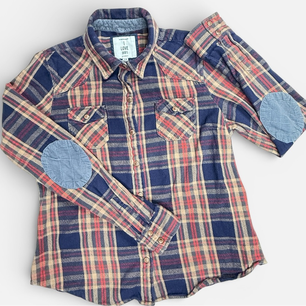 Love H81 Plaid Flannel Shirt Heritage Style Elbow Patch Size L Preppy Layering